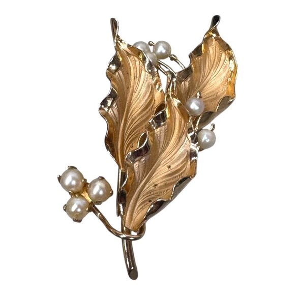 Richelieu Vintage 12K Gold Filled Leaf & Pearl Brooch Pin Seaweed Sea Grass - Picture 1 of 5